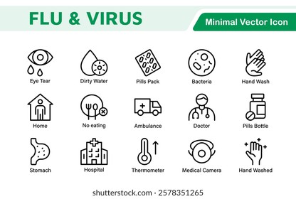 Flu and Virus Icon Set. An essential collection of icons designed to promote health awareness, perfect for enhancing medical materials, educational content, and public health campaigns.