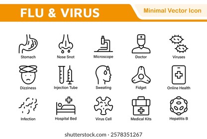 Flu and Virus Icon Set. An essential collection of icons designed to promote health awareness, perfect for enhancing medical materials, educational content, and public health campaigns.