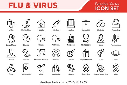 Flu and Virus Icon Set. An essential collection of icons designed to promote health awareness, perfect for enhancing medical materials, educational content, and public health campaigns.