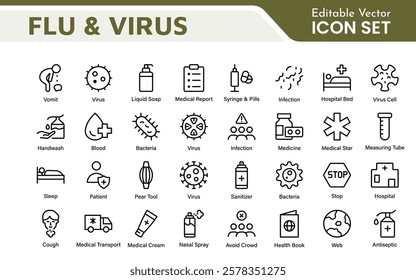 Flu and Virus Icon Set. An essential collection of icons designed to promote health awareness, perfect for enhancing medical materials, educational content, and public health campaigns.