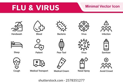 Flu and Virus Icon Set. An essential collection of icons designed to promote health awareness, perfect for enhancing medical materials, educational content, and public health campaigns.