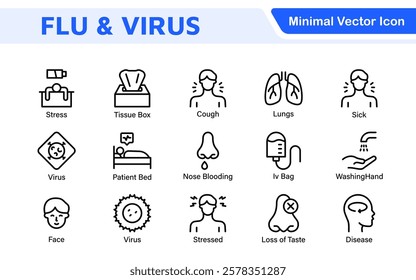 Flu and Virus Icon Set. An essential collection of icons designed to promote health awareness, perfect for enhancing medical materials, educational content, and public health campaigns.