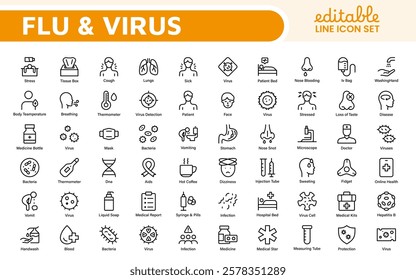 Flu and Virus Icon Set. An essential collection of icons designed to promote health awareness, perfect for enhancing medical materials, educational content, and public health campaigns.