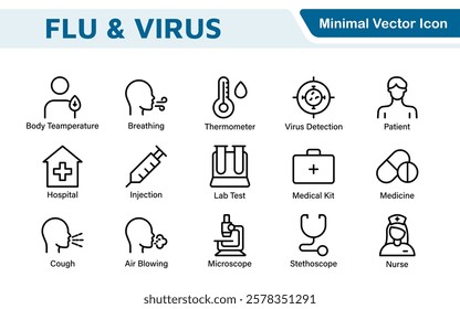 Flu and Virus Icon Set. An essential collection of icons designed to promote health awareness, perfect for enhancing medical materials, educational content, and public health campaigns.