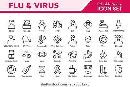 Flu and Virus Icon Set. An essential collection of icons designed to promote health awareness, perfect for enhancing medical materials, educational content, and public health campaigns.