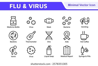 Flu and Virus Icon Set. An essential collection of icons designed to promote health awareness, perfect for enhancing medical materials, educational content, and public health campaigns.