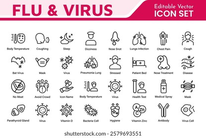 Flu and Virus Icon Set. An essential collection of icons designed to promote health awareness, perfect for enhancing medical materials, educational content, and public health campaigns.