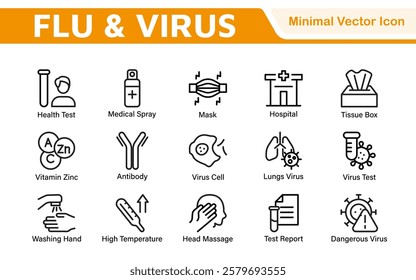 Flu and Virus Icon Set. An essential collection of icons designed to promote health awareness, perfect for enhancing medical materials, educational content, and public health campaigns.