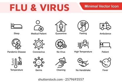 Flu and Virus Icon Set. An essential collection of icons designed to promote health awareness, perfect for enhancing medical materials, educational content, and public health campaigns.