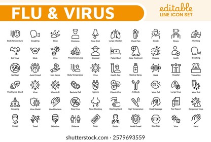 Flu and Virus Icon Set. An essential collection of icons designed to promote health awareness, perfect for enhancing medical materials, educational content, and public health campaigns.