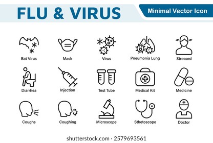 Flu and Virus Icon Set. An essential collection of icons designed to promote health awareness, perfect for enhancing medical materials, educational content, and public health campaigns.