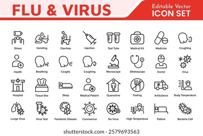 Flu and Virus Icon Set. An essential collection of icons designed to promote health awareness, perfect for enhancing medical materials, educational content, and public health campaigns.