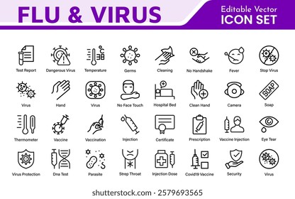 Flu and Virus Icon Set. An essential collection of icons designed to promote health awareness, perfect for enhancing medical materials, educational content, and public health campaigns.