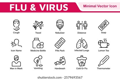 Flu and Virus Icon Set. An essential collection of icons designed to promote health awareness, perfect for enhancing medical materials, educational content, and public health campaigns.