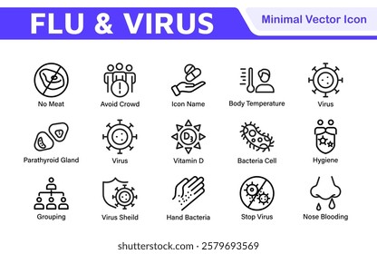 Flu and Virus Icon Set. An essential collection of icons designed to promote health awareness, perfect for enhancing medical materials, educational content, and public health campaigns.