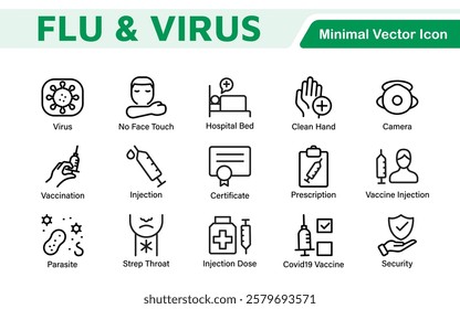 Flu and Virus Icon Set. An essential collection of icons designed to promote health awareness, perfect for enhancing medical materials, educational content, and public health campaigns.