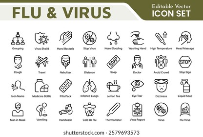 Flu and Virus Icon Set. An essential collection of icons designed to promote health awareness, perfect for enhancing medical materials, educational content, and public health campaigns.