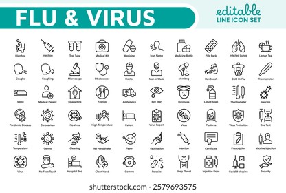 Flu and Virus Icon Set. An essential collection of icons designed to promote health awareness, perfect for enhancing medical materials, educational content, and public health campaigns.