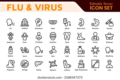 Flu and Virus Icon Set. An essential collection of icons designed to promote health awareness, perfect for enhancing medical materials, educational content, and public health campaigns.