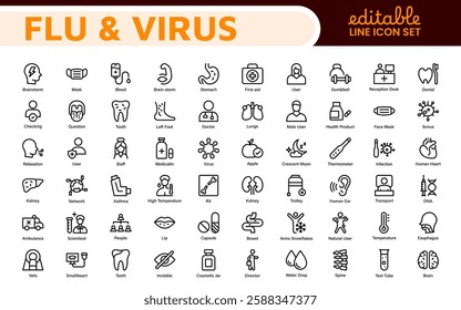 Flu and Virus Icon Set. An essential collection of icons designed to promote health awareness, perfect for enhancing medical materials, educational content, and public health campaigns.