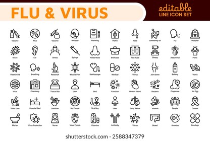 Flu and Virus Icon Set. An essential collection of icons designed to promote health awareness, perfect for enhancing medical materials, educational content, and public health campaigns.