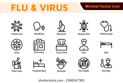 Flu and Virus Icon Set. An essential collection of icons designed to promote health awareness, perfect for enhancing medical materials, educational content, and public health campaigns.