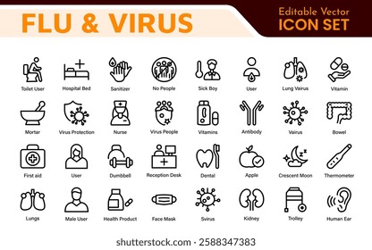 Flu and Virus Icon Set. An essential collection of icons designed to promote health awareness, perfect for enhancing medical materials, educational content, and public health campaigns.