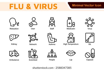 Flu and Virus Icon Set. An essential collection of icons designed to promote health awareness, perfect for enhancing medical materials, educational content, and public health campaigns.