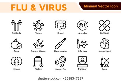 Flu and Virus Icon Set. An essential collection of icons designed to promote health awareness, perfect for enhancing medical materials, educational content, and public health campaigns.