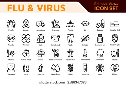 Flu and Virus Icon Set. An essential collection of icons designed to promote health awareness, perfect for enhancing medical materials, educational content, and public health campaigns.