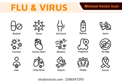 Flu and Virus Icon Set. An essential collection of icons designed to promote health awareness, perfect for enhancing medical materials, educational content, and public health campaigns.