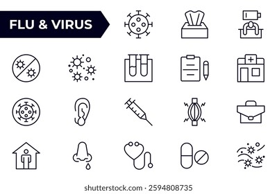 Flu and Virus Icon Set. An essential collection of icons designed to promote health awareness, perfect for enhancing medical materials, educational content, and public health campaigns.