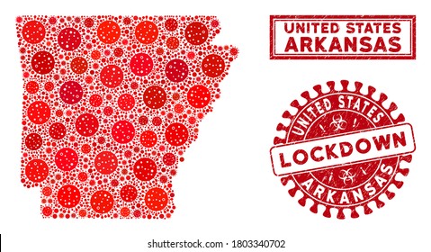Flu virus mosaic Arkansas State map and seal stamps. Red round lockdown textured seal stamp. Vector coronavirus infection items are united into mosaic Arkansas State map.