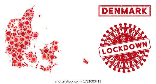 Flu virus mosaic Denmark map and rubber prints. Red round lockdown distress seal stamp. Vector covid viral elements are arranged into mosaic Denmark map. Vector collage for health care,