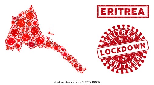 Mosaico del virus de la gripe Mapa de Eritrea e impresiones de caucho. Sello rojo redondeado de emergencia de bloqueo. Los objetos de infección de los vectores se organizan en un mapa mosaico de Eritrea. Colector de vectores para bloqueo,
