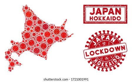 Flu virus mosaic Hokkaido Island map and seal stamps. Red round lockdown distress watermark. Vector covid infection items are composed into mosaic Hokkaido Island map. Vector composition for lockdown,