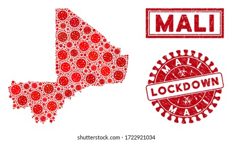 Flu virus mosaic Mali map and rubber prints. Red round lockdown grunge seal. Vector covid infection icons are united into collage Mali map. Vector collage for lockdown,