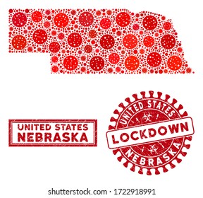 Mosaico del virus de la gripe, mapa del estado de Nebraska y sellos de foca. Sello rojo de retén de socorro de bloqueo redondo. Las partes de la infección por el coronavirus vectorial se agrupan en el mapa del estado de Nebraska en mosaico.