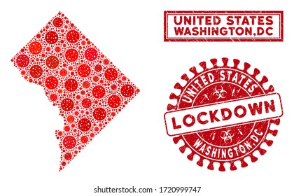 Grippevirus Mosaik Washington DC Karte und Gummiabdrücke. Roter, abgerundeter Schlossstempel. Vektor covid Virusteile sind in Mosaik Washington DC Karte gruppiert. Vektorcollage für Absperrung,