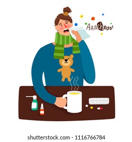 Flu woman. Cartoon sick girl person with fever and heat temperature, headache and medications, winter cold illness vector character