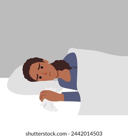 Flu woman lying in bed under blanket with sleeping red cat. Young girl have autumn or winter seasonal cold respiratory infection disease. Flat vector illustration isolated on white background