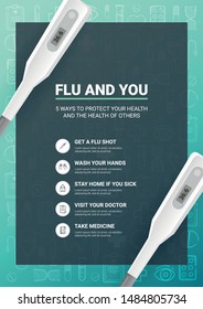 Flu and You infographic with medicine thermometer. Medical hand draw background