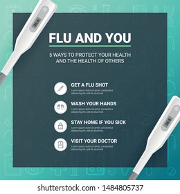 Flu and You infographic with medicine thermometer. Medical hand draw background