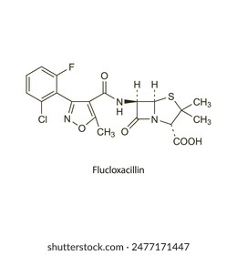 Flucloxacillin flat skeletal molecular structure Penicillin drug used in bacterial infection treatment. Vector illustration scientific diagram.