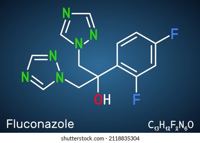 Fluconazole, molecule. It is triazole antifungal medication used to treat fungal infections, candidiasis. Structural chemical formula on the dark blue background. Vector illustration