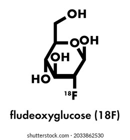 Fludeoxyglucose 18F (fluorodeoxyglucose 18F, FDG) cancer imaging diagnostic drug molecule. Contains radioactive isotope fluorine-18. Skeletal formula.