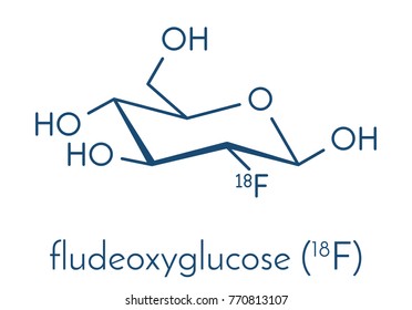 Fludeoxyglucose 18F (fluorodeoxyglucose 18F, FDG) cancer imaging diagnostic drug molecule. Contains radioactive isotope fluorine-18. Skeletal formula.