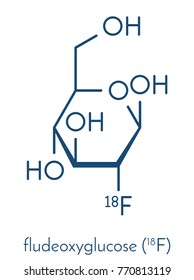 Fludeoxyglucose 18F (fluorodeoxyglucose 18F, FDG) cancer imaging diagnostic drug molecule. Contains radioactive isotope fluorine-18. Skeletal formula.