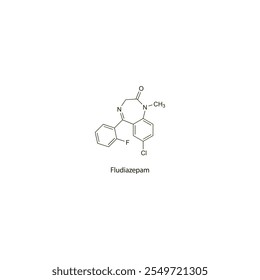 Fludiazepam flat skeletal molecular structure Benzodiazepine drug used in Anxiety treatment. Vector illustration scientific diagram.