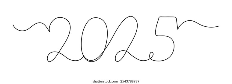 Die kunstvoll gestaltete Handschrift präsentiert das Jahr 2025. Das Design verfügt über glatte Kurven, die die Schönheit der Typografie auf einem sauberen Hintergrund verbessern.